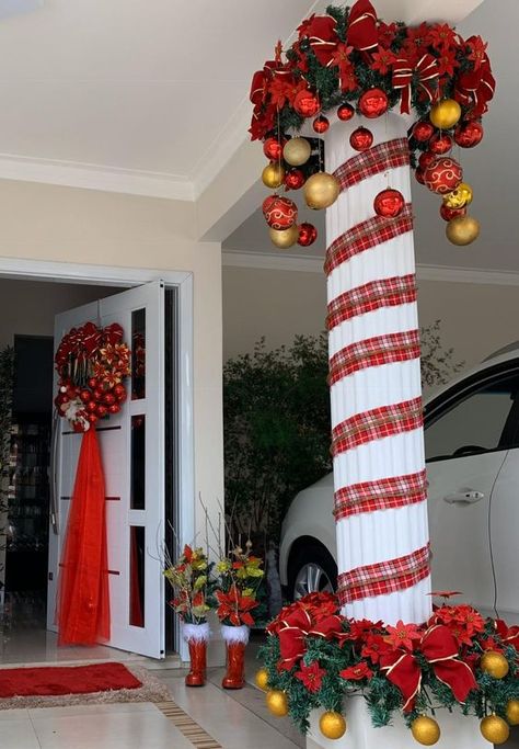 75 Simple Dollar Tree Christmas Decoration Ideas that are scintillating and lively - Hike n Dip Christmas Decor Ideas Outdoor Porch Columns, Christmas Decor For Columns, Christmas Decor For Business, Decorating Columns For Christmas, Crazy Christmas Decorations, Extreme Christmas Decorations, Christmas Column Decor, Christmas Ceiling Decorations, Church Christmas Decorations