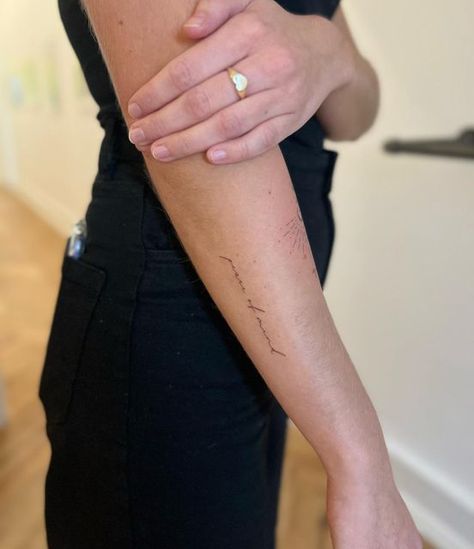 Fine Line Tattoo On Forearm, Light Writing Tattoo, Fine Line Tattoos Forearm, Fine Line Tattoo Lost Loved One, Forearm Dainty Tattoo Women, Fineline Writing Tattoo, Fine Line Word Tattoo Arm, Arm Fineline Tattoo, Fineline Wrist Tattoo