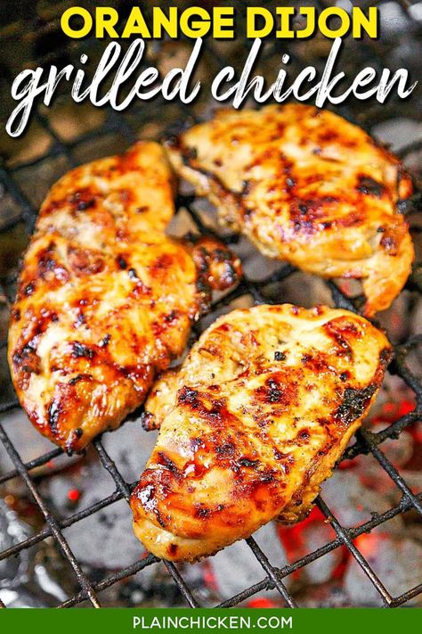 Orange Dijon Grilled Chicken Recipe - chicken marinated in fresh orange juice, brown sugar, dijon mustard, garlic, and apple cider vinegar - fantastic flavor combination! Great gluten-free marinade. This chicken is SO versatile! It is delicious on its own or in quesadillas, tacos, or on top of a salad. Give this a try the next time you fire up the grill. You won't be disappointed! Dijon Grilled Chicken, Grilled Chicken Recipe, Brine Chicken, Fresh Orange Juice, Chicken With Olives, Fresh Orange, Grilled Chicken Recipes, Chicken Marinades, Chicken Dishes Recipes