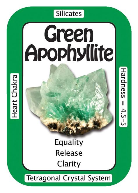 Crystal Card of the Day: Green Apophyllite, "I AM Balanced." Green Apophyllite was first discovered by a farmer in Poona, India but in recent years has been found in other locations in India, as well as the Jeffrey Mine in Quebec, Canada and Brazil. While Apophyllite is not a member of the Zeolite family, it is frequently found as a secondary crystal to Zeolites such as Stilbite. Physically, Green Apophyllite aids in degenerative disease and diseases of the tissues. It helps to remove toxins f Crystal Cards, Crystals Meaning, Green Apophyllite, Degenerative Disease, Earth Gift, Crystal Guide, Crystal System, Spiritual Crystals, Gemstone Meanings