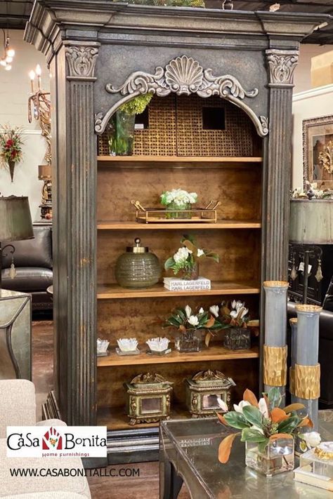 Book Case Decorating Ideas Display, Carved Bookcase, Hacienda Furniture, Decorating Stairs, Tuscan Style Decor, Tuscan Furniture, Mediterranean Living Rooms, Old World Furniture, Modern Rustic Furniture