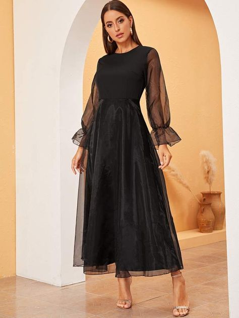 Fit And Flare Dress With Sleeves, Organza Sleeves Dress, Black Glamour Dress, Organza Dress Hijab, Sifon Dress, Black Modest Dress, Organza Sleeves Style, Dress Sifon, Black Organza Dress