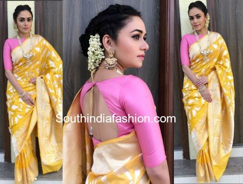 Yellow Silk Saree, Saree Combination, Amruta Khanvilkar, Crown Braids, Lichi Silk Saree, Elegant Sarees, Backless Blouse Designs, Celebrity Casual Outfits, Saree Style