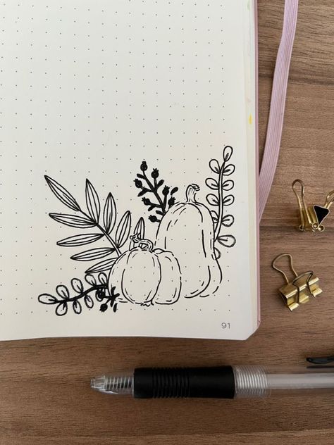 Pumkin Doodles Cute, Journal Page Doodles, Autumn Theme Drawing, September Spread Bullet Journal, Fall Theme Journal, Autumn Aesthetic Journal, Autumn Aesthetic Drawing Ideas, Autumn Doodle Art, Thanksgiving Doodles Bullet Journal