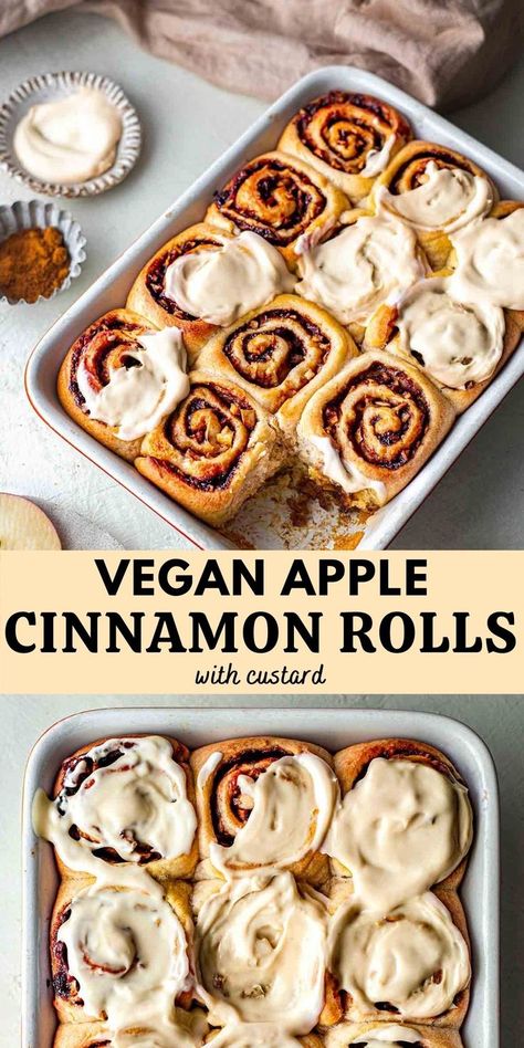 Vegan Winter Breakfast Recipes, Vegan Winter Desserts, Vegan Autumn Recipes, Cinnamon Rolls With Apples, Vegan Thanksgiving Desserts, Best Vegan Cinnamon Rolls, Cinnamon Custard, Vegan Fall Dessert, Cinnamon Rolls Vegan