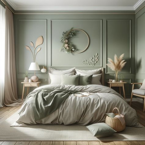 sage green bedroom Sage Green Inspired Bedroom, Master Bedrooms Sage Green Accent, Bedroom Green Theme, Sage Bedroom Walls Inspiration, Grey Green And Pink Bedroom, Calming Green Paint Colors For Bedroom, Sage Themed Bedroom, Sage Green Accent Wall Master Bed, Bedroom Green Walls Ideas