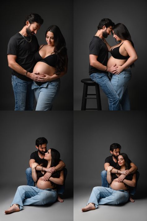 Posing ideas for a studio maternity photo shoot with husband. Tsirt and jeans look for maternity photo shoot. Tampa bay area and Sarasota maternity photographer. Poses for couple at maternity photo shoot. Pregnancy photos with husband. Maternity Shoot Ideas For Couples, Maternity Shoot Ideas With Husband, Self Maternity Photo Shoot Ideas, Maternity Couple Photoshoot Ideas, Creative Maternity Pictures Couple, Maternity Couple Shoot Ideas, Poses Maternity Photography, Simple Maternity Shoot With Husband, Couple Poses For Maternity Shoot