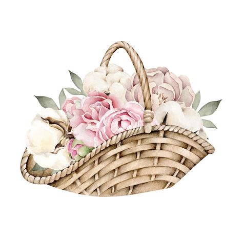 Vector basket with flowers | Premium Vector #Freepik #vector #pink-floral #vintage-illustration #floral-background #watercolor-floral Flower Basket Illustration, Basket With Flowers, French Baskets, Most Popular Flowers, Popular Flowers, 3d Hand, Background Watercolor, Floral Vintage, Floral Background