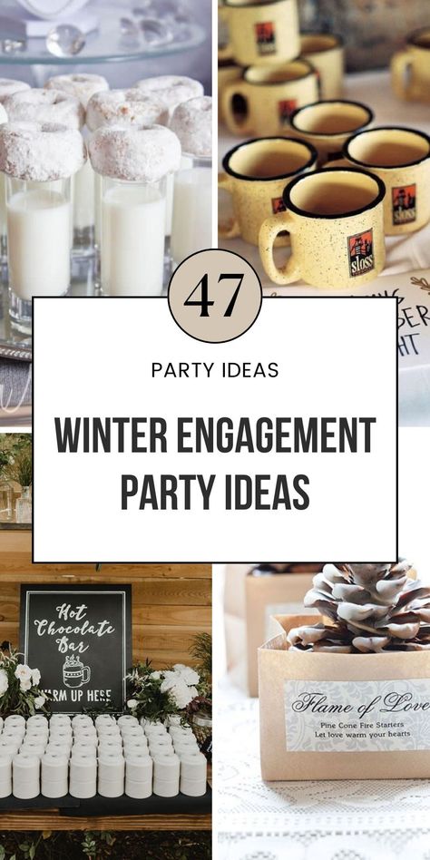 Plan the perfect winter engagement party with these ideas! From simple decorations to frosty themes, get inspired for your January or Christmas party. Whether it’s rustic or glamorous, you'll find all the decor and theme tips you need. Save this pin for more winter engagement inspiration! Christmas Themed Engagement Party Ideas, Winter Themed Rehearsal Dinner, Winter Themed Bridal Shower Decor, January Wedding Shower Ideas, New Year Engagement Party, Engagement Party Winter Theme, Engagement Party Themes Winter, Engagement Party At Restaurant, January Theme Party