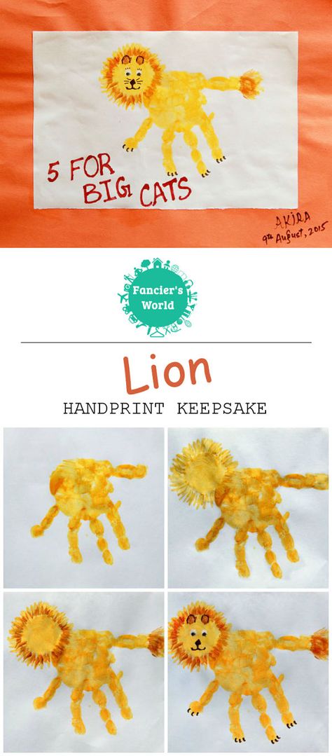 Directions for making Handprint Lion Keepsake Craft with '5 for Big Cats' message. Lion Hand Print Craft, Lion Handprint Art, Lion Cub Scout Activities, Lion Handprint Craft, Lion Handprint, Cats Message, Lion Scouts, Circus Week, Cats Crafts