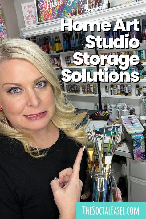 Christie Hawkins in her studio showing storage solutions. Painting Supplies Organization, Artist Studio Organization, Artist Studio Storage, Acrylic Paint Storage, Artist Studio Space, Home Art Studio, Art Studio Storage, Studio Storage, Art Studio Organization