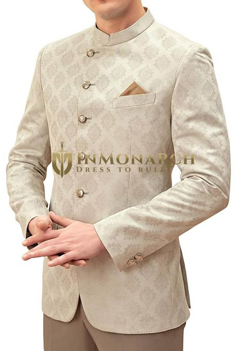 Mens designer beige wedding 6 button Mandarin jacket made in polyester jacquard fabric. Perfect For Weddings, Proms, Cruises, or Any Occasion!. Coat Pant For Men Suits Wedding, Jodhpuri Suits For Men Wedding, Men Wedding Sherwani, Wedding Sherwani For Groom, Coat Pant For Men, Indian Wedding Suits Men, Suit For Men Wedding, Gents Shirts, Jodhpuri Suits For Men