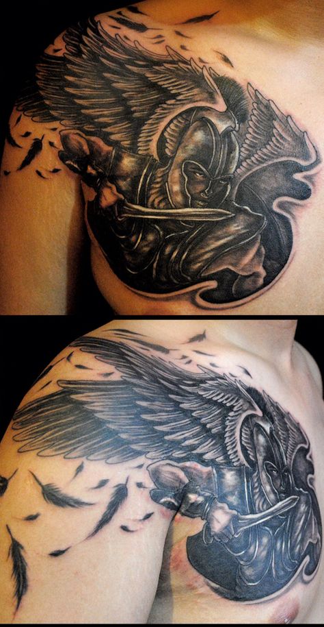 Roman soldier shoulder tattoo 2011 Tattoo, Warrior Angel Tattoo, Cover Up Tattoos For Men, Warrior Angel, Roman Tattoo, Angel Tattoos, Woman Warrior, Roman Soldier, Mens Shoulder Tattoo