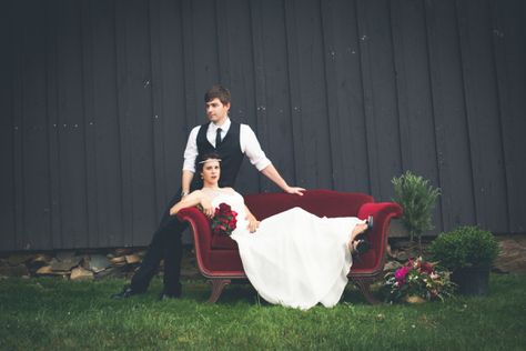 Bride and Groom on Red Velvet Couch | photography by http://onesummerdayphoto.com Red Velvet Couch, Wedding Photography Checklist, Vintage Wedding Photography, Red Couch, Jewel Tone Wedding, Velvet Couch, Wedding Inspiration Fall, Vintage Rentals, Wedding Photo Inspiration