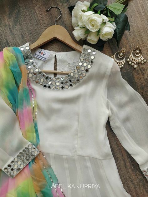 Work Kurti Design, Mirror Work Kurti Design, Leheriya Dupatta, Beautiful Anarkali, Dress Mirror, Label Kanupriya, Long Frock, Global Dress, Pakistani Dresses Casual