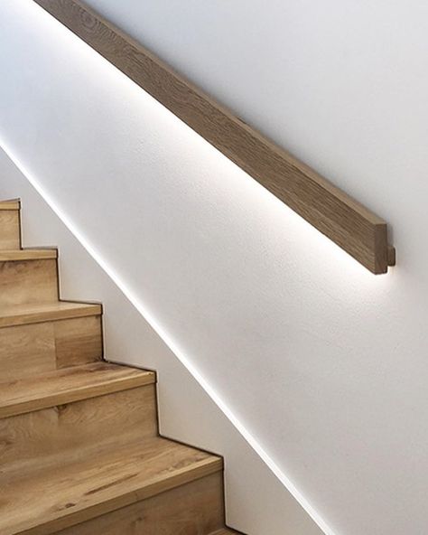 Staircase design! Solid wood handrail with concealed lighting...beautiful ambience at night. The staircase flooring is in vinyl can you believe🙌🏻 Adding a lovely white skirting to complete the look! #designkhome Staircase Flooring, Concealed Lighting, Handrail Lighting, Stairs Lighting, Stairway Lighting, Wood Handrail, Handrail Design, Staircase Handrail, Stair Rail