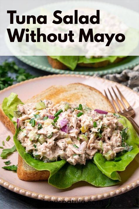 This light, healthy tuna salad without mayo has less fat and calories, yet it's still super flavorful. With crunchy celery and pickles plus creamy Greek yogurt, this tuna salad comes together in just 10 minutes for a quick and delicious lunch.5 Tuna Salad Without Mayo, Healthy Tuna Recipes, Tuna Fish Salad, Tuna Salad Recipe Healthy, How To Make Tuna, Salad Appetizer Cups, Healthy Tuna Salad, Tuna Salad Pasta, Healthy Tuna