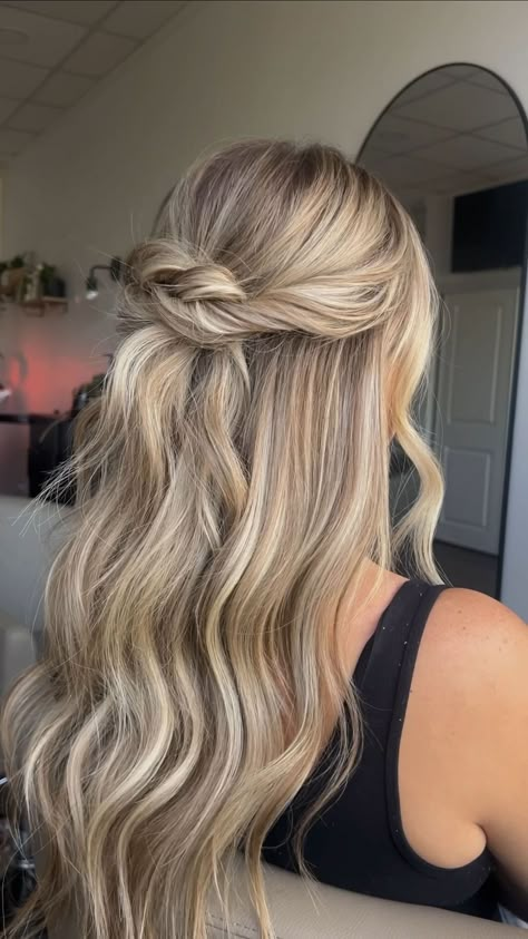 breanna cohoon | easy half up hairstyle 🫶🏼 . . . #hairtutorial #hairstyle #style #weddinghair #bridalhair #bridesmaidhair #weddinginspo #fallhairstyles... | Instagram Down Wedding Hairstyles With Braid, Wedding Hair Ideas With Extensions, Hair Upstyles Half Up Half Down, Bridal Half Up With Headband, Half Up Half Down Wedding Hair No Extensions, Boho Bridal Hair And Makeup, Soft Curl Half Up Half Down, Half Hair Pulled Back, Half Up Half Down Wedding Hair Shoulder