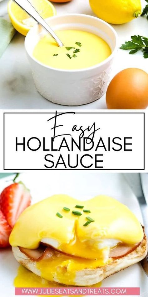 Easy Hollandaise Sauce made in a blender. This classic sauce is the perfect topping for Eggs Benedict, asparagus, poached eggs and bacon Eggless Hollandaise Sauce, Quick Hollandaise Sauce, Asparagus Sauce, Easy Poached Eggs, Easy Hollandaise, Easy Hollandaise Sauce, Homemade Hollandaise Sauce, Beginner Cook, Recipe For Hollandaise Sauce