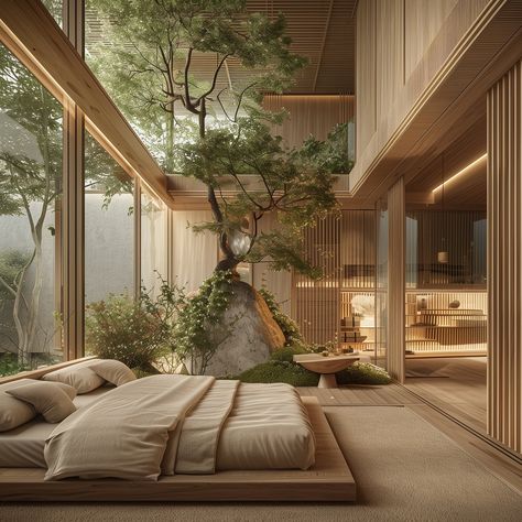 Zen suite meets summer vibes—self care spa day when? 🧘‍♀️🌱 - Eco-Friendly Japandi Style Hotel featuring Organic Architecture and Natural Materials located in the Heart of the Botanical Gardens. Inspired by Kengo Kuma 🎋 - #spadayeveryday #dreamhotel #earthyvibes #selfcaredays #kengokuma #japandidesign #hotelgoals #Organicarchitecture #luxuryspa #selfcareishealthcare #hotelliving #botanicalgarden Mediterranean Style Interior, Zen House, Japanese Style House, Kengo Kuma, Hotel Room Design, Tuscan Villa, Bungalow Design, Japandi Style, Organic Architecture