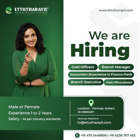 We are hiring for various positions for our Perinad, Kollam branch. Interested candidates drop your CV s to hr@ettutharayil.com. Contact Number-0479 2448806, 9188952871 . . . #wearehiring #availablejobs #hiringnow #hiringurgently #newjob #jobvacancy #Jobsinkerala #hiring #Kerala #ettutharayil #finance #goldloan #loan #savings #financialplanning #money #business #investing #investment #financialfreedom Hr Logo, Hiring Poster, Job Poster, Digital Advertising Design, Church Media Design, Real Estate Marketing Design, Packaging Template Design, Banner Design Inspiration, Social Media Advertising Design