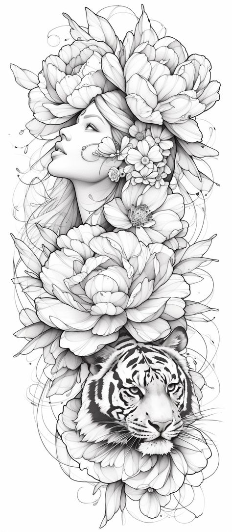 Half Human Half Animal Tattoo, Large Female Thigh Tattoos, Aphrodite Tattoo Stencil, Unique Floral Tattoo Design, Thigh Flower Tattoo Designs, Tiger And Flowers Tattoo Design, Jungle Leaves Tattoo Design, Neo Traditional Frame, Tiger With Roses Tattoo