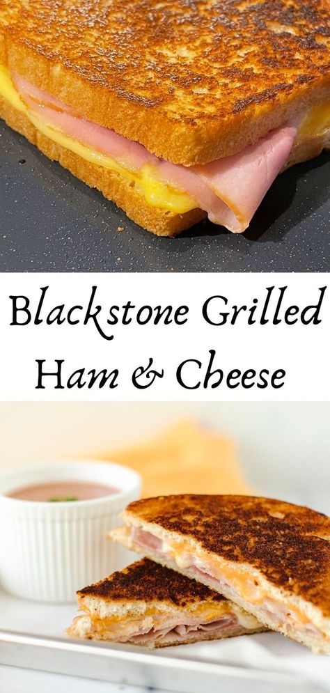 Top Photo: A grilled ham and cheese cooking on a Blackstone Griddle.  Bottom Photo: A grilled ham and cheese cut in half and stacked on a plate with a side of creamy tomato soup. Blackstone Grill Cheese, Grilled Cheese On Blackstone, Blackstone Grilled Cheese, Sandwiches On Blackstone, Sandwich On Blackstone, Griddle Hibachi, Griddle Recipes Blackstone, Grilled Ham And Cheese Sandwich, Basic Grilled Cheese