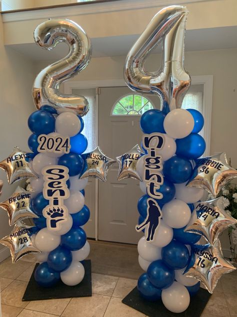 Senior Night Backdrop Ideas, Volleyball Balloon Columns, Volleyball Senior Night Balloons, Water Polo Decorations, Senior Night Decorations Soccer, Senior Night Gym Decorations Volleyball, Senior Volleyball Night Ideas, Senior Night Gym Decorations, Volleyball Balloon Arch