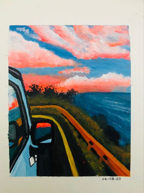 Road Trip Painting Acrylic, Car Driving Into Sunset Painting, Water Colour Paintings Aesthetic, Sunset Drive, Art Time, Painting Aesthetic, Acrylic Artwork, Sunset Painting, Happy Art