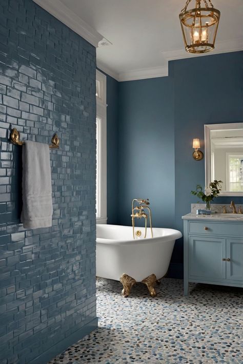 paint color match, home paint colors, primer paint for walls, designer wall paint Good Colors For Bathroom Walls, Dusty Blue Gray Paint, Monochromatic Blue Bathroom, Color Wash Bathroom, Grey Blue Bathroom Ideas, Restroom Paint Colors, Smoky Blue Bathroom, Bold Bathroom Paint Colors, Smokey Blue Bathroom