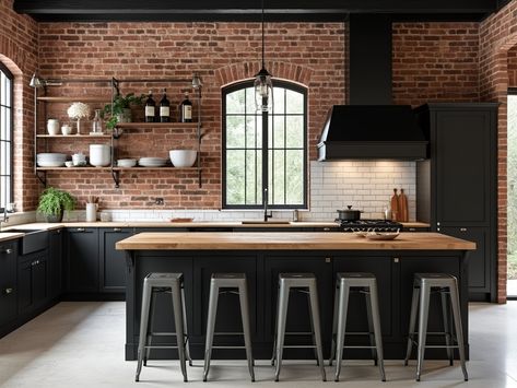 Transform your culinary space with this stunning industrial-style kitchen! Featuring exposed brick walls and sleek black cabinetry, the design highlights a spacious island with a butcher block countertop and chic metal barstools. Open shelving showcases your favorite dishware, while stylish pendant lights add the perfect finishing touch. 🍽️✨ Philly Townhouse, Kitchen With Exposed Brick, Kitchen With Brick, Kitchen With Brick Wall, Exposed Brick Kitchen, Black Cabinetry, Metal Barstools, Luxurious Penthouse, Butcher Block Countertop