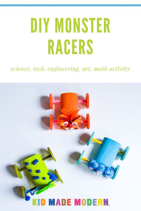 DIY Monster Car Racers for Kids #stem #steam #kidsDIY #DIY #kidscrafts #artsandcrafts Diy Car Preschool, Race Car Stem Activity, Race Car Crafts, Derby Crafts, Diy Race Car, Race Car Craft, Cars Preschool, Makerspace Elementary, March Preschool