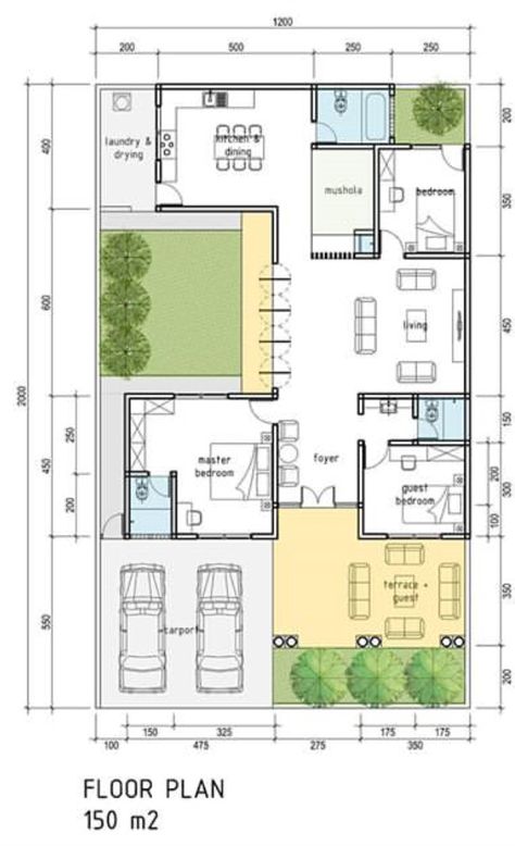 Architect House Design Floor Plans, Small House With Courtyard Floor Plans, Floor Plan House Modern, Complete House Plan, House Design 200m2, 60x50 House Plans Layout, 60 X 60 House Plans, Indian Modern House Plans, 35 X 35 House Plans