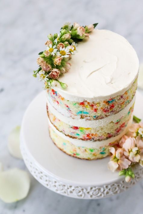 Funfetti Cake with Whipped Cream Cheese Frosting - Constellation Inspiration Small Funfetti Cake, Funfetti Smash Cake, Small Smash Cake, Naked Smash Cake, Brownie Layer Cake, Cake Batter Dip, Cake With Whipped Cream, Whipped Cream Cheese Frosting, Small Birthday Cakes