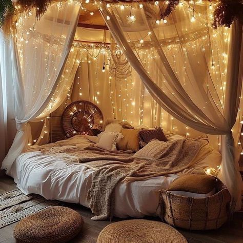 Round Canopy Bed, Rattan Blanket, Bedding Cream, Ottoman Wood, Nyc Bedroom, Dream Bedroom Inspiration, Wood Canopy, Cream Bedding, Canopy Curtains