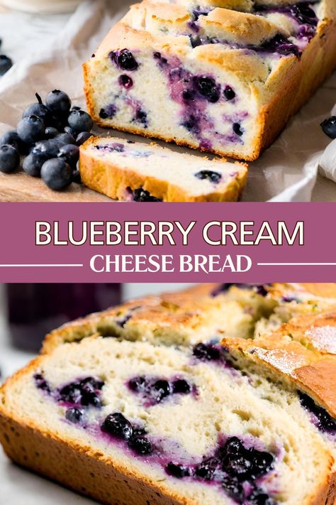 Discover the ultimate Blueberry Cream Cheese Bread recipe! This delightful homemade treat features fresh blueberries, creamy cream cheese, and a moist, tender crumb. Perfect for breakfast, brunch, or dessert, it's an easy baking recipe that will impress your friends and family. Try it today and enjoy the perfect blend of sweet and tangy flavors! Blueberry Cream Cheese Bread, Easy Baking Recipe, Fresh Blueberry Recipes, Recipes Using Cream Cheese, Cream Cheese Breakfast, Blueberry Bread Recipe, Blueberry Desserts Recipes, Sweet Bread Rolls, Cream Cheese Bread