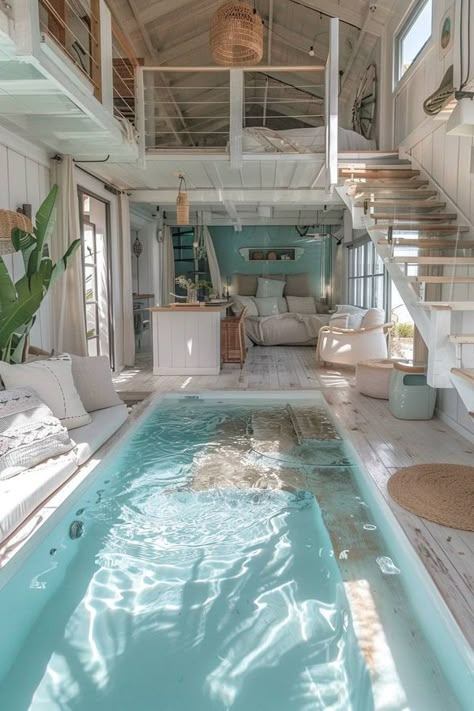 Tiny house 01 Beach Aesthetic Home, Tropical Beach House Design, Tiny Beach House Interior, Tiny House Aesthetic, Small Beach House Interior, Small Beach House, Beachside House, Beach Tiny House, Compact Room