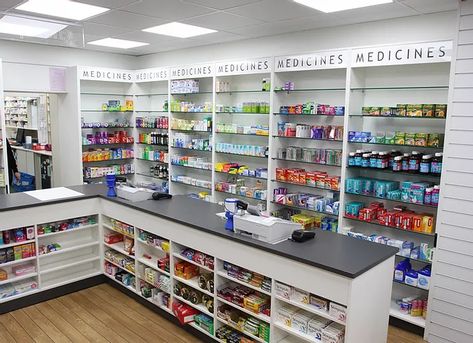 Medical Shop Furniture Design, Pharmacy Shelves Design, Pharmacy Design Interior Shelves, Medical Shop Counter Design, Pharmacy Decor Interior Design, Small Pharmacy Design, Small Pharmacy Design Interior, Pharmacy Counter Design, Medical Store Interior Design