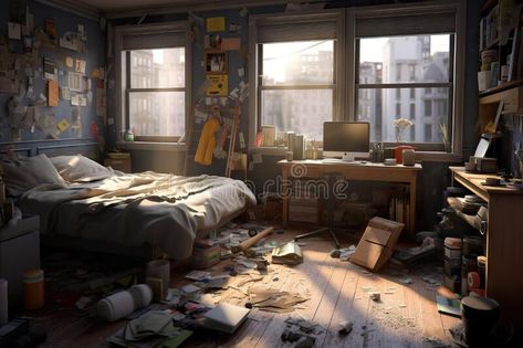 A messy bedroom with lots of clutter on the floor. Generative AI image. royalty free stock photos Messy Room Concept Art, Immersive Bedroom, Bedroom Reference Photo, Concept Art Bedroom, Messy Room Art, Dystopian Room, Messy Room Drawing, Messy Apartment Aesthetic, Messy Bedroom Aesthetic