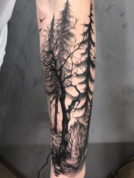 20 Unique Half Sleeve Tattoos for Women in 2021 - The Trend Spotter Forest Tattoo Sleeve, Natur Tattoo Arm, Tato Geometris, Tree Sleeve Tattoo, Tree Sleeve, Unique Half Sleeve Tattoos, Tree Tattoo Men, Scene Tattoo, Nature Tattoo Sleeve