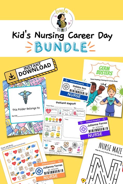 This Printable Nurse Bundle for Kids is the perfect resource for Career Day or Nurse Week! It includes coloring pages, activities, ID badges, patient report sheets and folder covers. Plus, check out my blog for a free lesson plan and goodie bag ideas! With this bundle, kids will have fun while learning about the important role of nurses in healthcare.

Visit my blog post! Copy & Past the link ⬇️
https://payhip.com/BusyBeeDebbie/blog/nurse-life/nursing-101-my-first-elementary-teaching-demo Great American Teach In Nurse Ideas, Career Day Nurse Presentation, Nurse Career Day Ideas, Career Day Nurse Presentation For Kids, Nurse Career Day Ideas For Kids, Career Day Nurse, Nurse Career Day, Career Day Ideas, Nurse Bundle