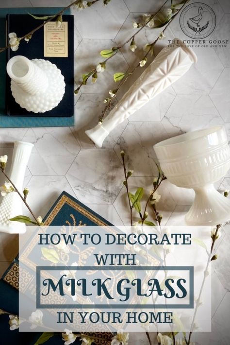 HOW TO DECORATE WITH MILK GLASS IN YOUR HOME - This post gives examples of how to show off that beautiful milk glass as decor in your home as well as the best places to find milk glass!  #milkglass #vintagehomedecor #vintagestyle #antiquehomedecor #farmhousestyle Milk Glass Table Lamp, White Milk Glass Vases Vintage, Milk Glass Vases Decor, Milk Glass Decorating Ideas, Milk Glass Christmas Decor, Decorating With Milk Glass Ideas, Milkglass Centerpieces, Decorating With Milk Glass, Milk Glass Display