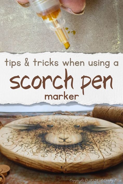 Ready to explore the art of decorating wood by burning a design on the surface? Get our top tips for using a scorch pen marker to create one-of-a-kind home decor pieces. From bold designs to delicate details, this versatile little pen will take your DIY projects to a whole new level. It’s easy, fun, and budget-friendly. Plus you won’t burn your fingers either. Chemical Burning Wood, Wood Burning Tips Tools, Easy Woodburning Ideas Diy Gifts, Wood Burning Pen Ideas, How To Wood Burn, Scorch Paste Projects, Wood Scorching Ideas, Engraving Pen Projects, Easy Wood Burning Ideas For Beginners