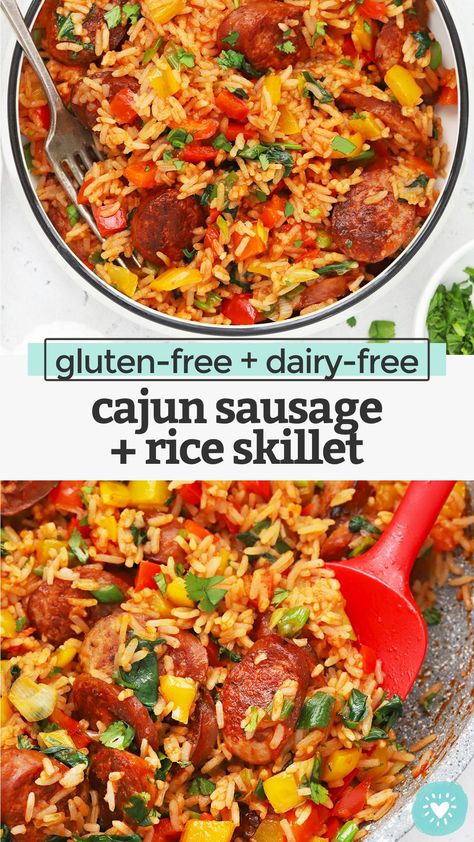 Cajun Sausage And Rice Skillet, Cajun Sausage And Rice, Sausage And Rice Skillet, Gluten Free Dairy Free Recipes Dinner, Gluten Free Dairy Free Dinner, Sausage And Rice, Gluten Free Sausage, Gf Dinner, Cajun Sausage