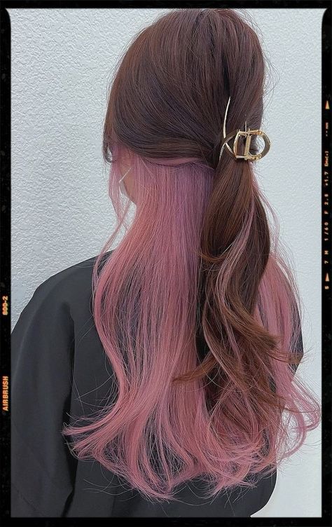 Dark Brown Hair With Peekaboos Pink, Brown Hair With Colored Underneath, Peekaboo Hair With Brown Hair, Long Pink Hairstyles, Light Brown Hair With Pink Peekaboos, Pink In The Back Of Hair, Light Brown Hair With Peekaboos, Dark Brown With Pink Hair, Cute Hairdye Hairstyles