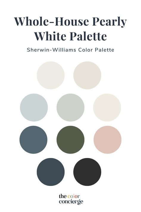 Sherwin-Williams Pearly White is a beautiful warm white paint color that we love for whole-house color palettes. Explore this Pearly White color scheme from a client’s home [coastal colors sherwin williams, warm home aesthetic, sherwin williams paint colors, sherwin williams warm neutrals, sherwin williams farmhouse colors, 2024 paint color trends, interior paint colors 2023, paint colors for home, pink paint colors, taupe paint colors, hallway paint colors, warm white paint colors] Sherwin Williams Paint Colors Interior, Sherwin Williams City Loft Color Palette, Gorgeous White Sherwin Williams Paint, Whole House Paint Scheme Cottage, White Truffle Color Scheme, Sherwin Williams Historic Charleston Paint Colors, Sw Creamy Color Palette, Divine White Color Scheme, Thunderous Sherwin Williams Color Palettes