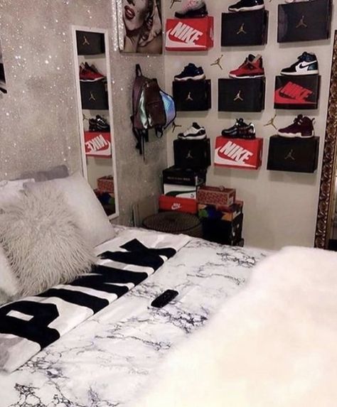 Black white fluffy PINK Victoria’s Secret blanket pillows Nike Jordan’s red jordans wall display show organization mirror sparkles Baddie Room, Sneakerhead Room, Teen Bedroom Designs, Bedroom Decor For Teen Girls, Teen Girl Bedroom, Cute Bedroom Ideas, Dekorasi Kamar Tidur, Girl Bedroom Designs, Teen Room Decor