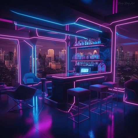 Night Bar Interior Design, Neon House Exterior, Cyberpunk House Exterior, Cyberpunk Store, Vaporwave Room Decor, Dark Neon Aesthetic, Socials Aesthetic, Cyberpunk Bar, Cyberpunk Decor