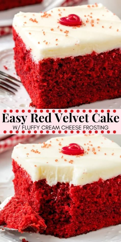 This easy red velvet cake is fluffy, moist, topped with cream cheese frosting, and has the most beautiful red color. It has the perfect red velvet flavor that's slightly tangy with a milk chocolate taste. Easy to make & oh so delicious - it's the perfect red velvet cake recipe. #redvelvet #cake #recipes #valentinesday #christmas #baking #redvelvetcake #creamcheesefrosting Perfect Red Velvet Cake Recipe, Red Velvet Cake Recipe Easy, Easy Red Velvet Cake, Redvelvet Cake, Fluffy Cream Cheese Frosting, Easy Red Velvet, Bolo Red Velvet, Resipi Kek, Red Velvet Cake Recipe