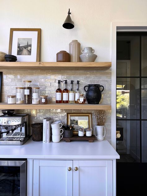 Kitchen Shelf Coffee Bar, Kitchen Peninsula Coffee Bar, Coffee Corner Essentials, Coffee Bar Open Shelving Display, Coffee Bar Room Ideas, Where To Put Kitchen Appliances, El Peterson Design, Modern Organic Coffee Bar, Coffee Bar Inspo Home